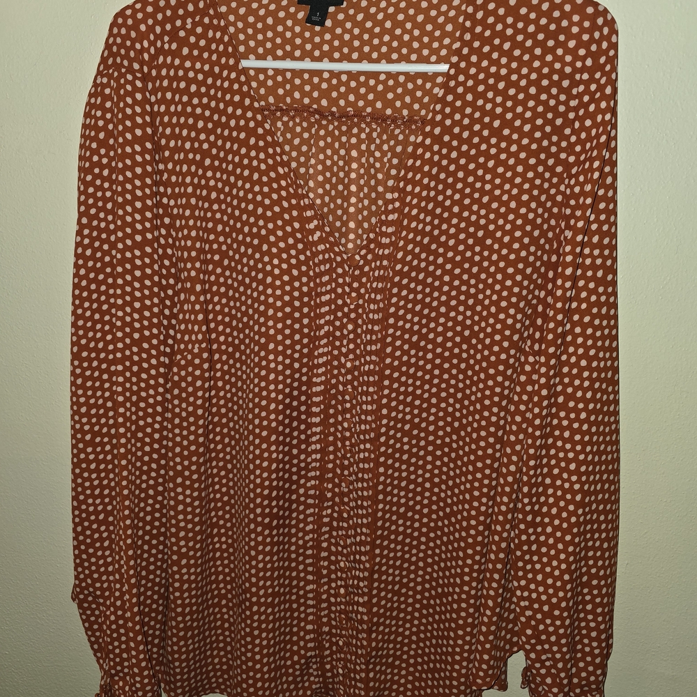 Polka Dot Long Sleeve V-Neck Blouse - Rust/White
